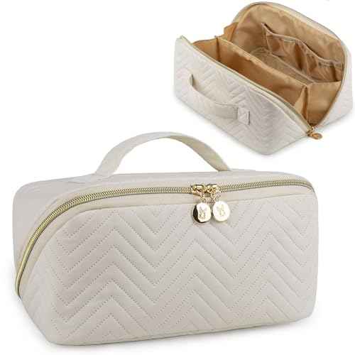 Makeup Bag Cosmetic Bag, Large Capacity Travel Makeup Bag for Women with Portable Pouch Open Flat Water-resistant Toiletry Organizer Bag with Handle (Beige)