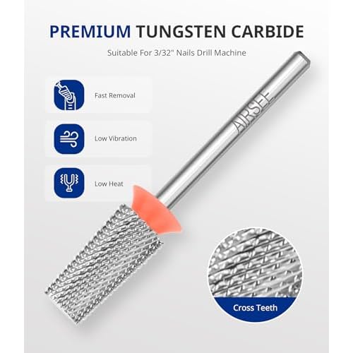 AIRSEE Tungsten Carbide Acrylic Nail Drill Bit Efile Electric File Machine Head Tip for Manicure Polishing Art Remove Gel 3/32" 2 Way Professional Tech Flat Top Tapered Barrel Fine-F