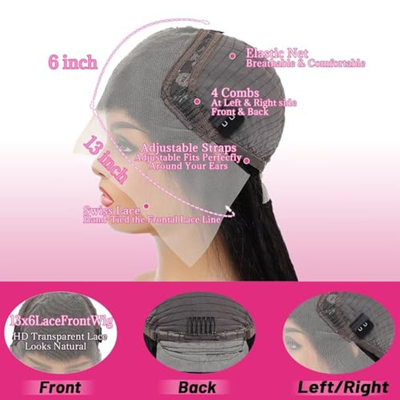 13x6 Lace Front Wigs Human Hair Pre Plucked, 180% Density Body Wave HD Transparent Lace Frontal Wigs with Baby Hair for Women, Glueless Wig, Natural Black, 26 Inch