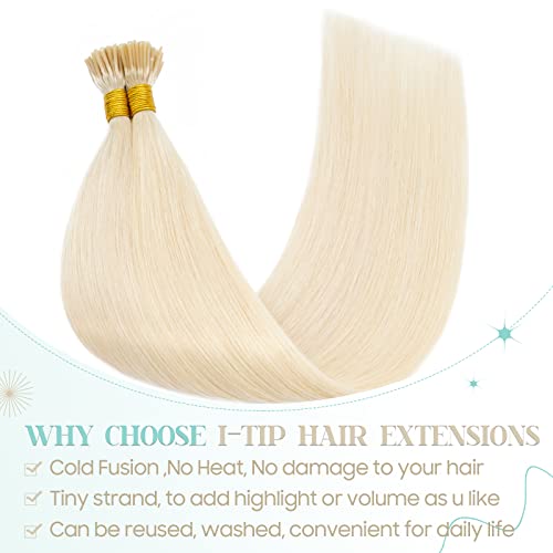 S-noilite Pre bonded I Tip Hair Extensions Human Hair Cold Fusion Stick Tip Real Human Hair Piece Invisible Keratin Glue Hair Extensions Full Head 100 Strands 50g 16 Inch (#60 Platinum Blonde)