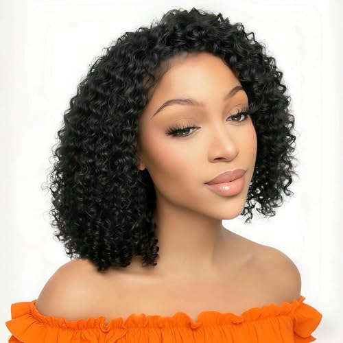 ZIYU Half Wig Human Hair - 200% Density Wear Go Glueless Wigs Human Hair 12 Inch Kinky Curly 3 In 1 Half Wig for Women Drawstring Seamless Flip Over Headband Wig Beginner Friendly