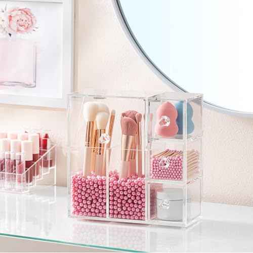 HBlife Makeup Brush Holder, Acrylic Makeup Organizer with 2 Brush Holders and 3 Drawers Dustproof Box, Free Pink Pearl Included