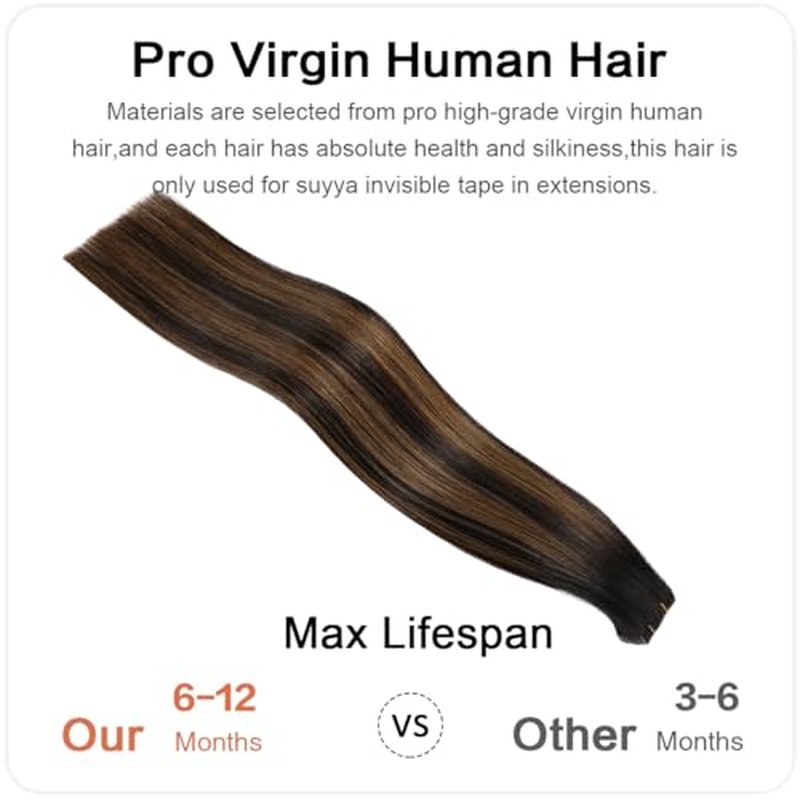 SUYYA Invisible Tape in Hair Extensions Human Hair Seamless Injected Hand-Tied Pro Virgin Human Hair Tape Ins Balayage Natural Black to Chestnut Brown 20PCS 40G/Pack Straight(16 inch #P1B/6/T1B)