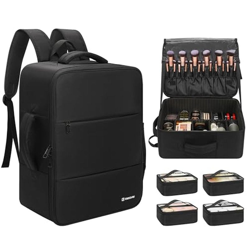 Relavel Makeup Backpack Extra Large Travel Train Case Professional Makeup Artist Kit Set Bag with 4 Clear Bags, Brush Storage Organizer Box with Dividers for Cosmetic Hair Tools Barber Supplies, Black