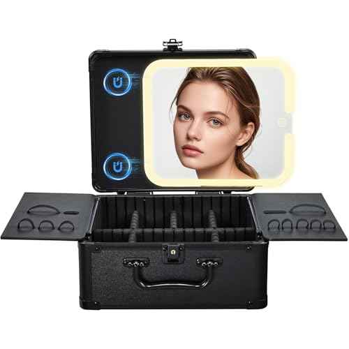 Makeup Case with Magnetic Lighted Mirror Makeup Organizer Box Travel Cosmetic Case with 3 Colors LED Mirror Portable Vanity Make up Suitcase with Lockable Keys Dividers Brush Holder, Black