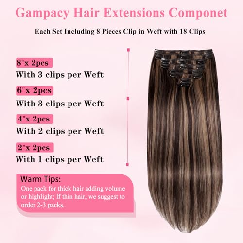 Clip in Hair Extensions Real Human Hair, Seamless Clip ins Real Human Hair for Women, Remy Human Hair Clip in Extensions, Double Weft 8pcs 16 inch Balayage Dark Brown to Chestnut Brown