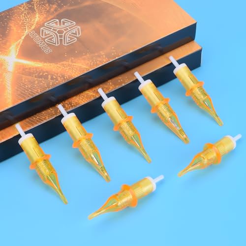 50pcs Mixed Tattoo Cartridge Needles, ATOMUS Assorted Disposable Tattoo Needle 3RL 5RL 7RL 9RL 3RS 5RS 7RS 9RS 5M1 7M1 for Tattoo Machine(Gold)