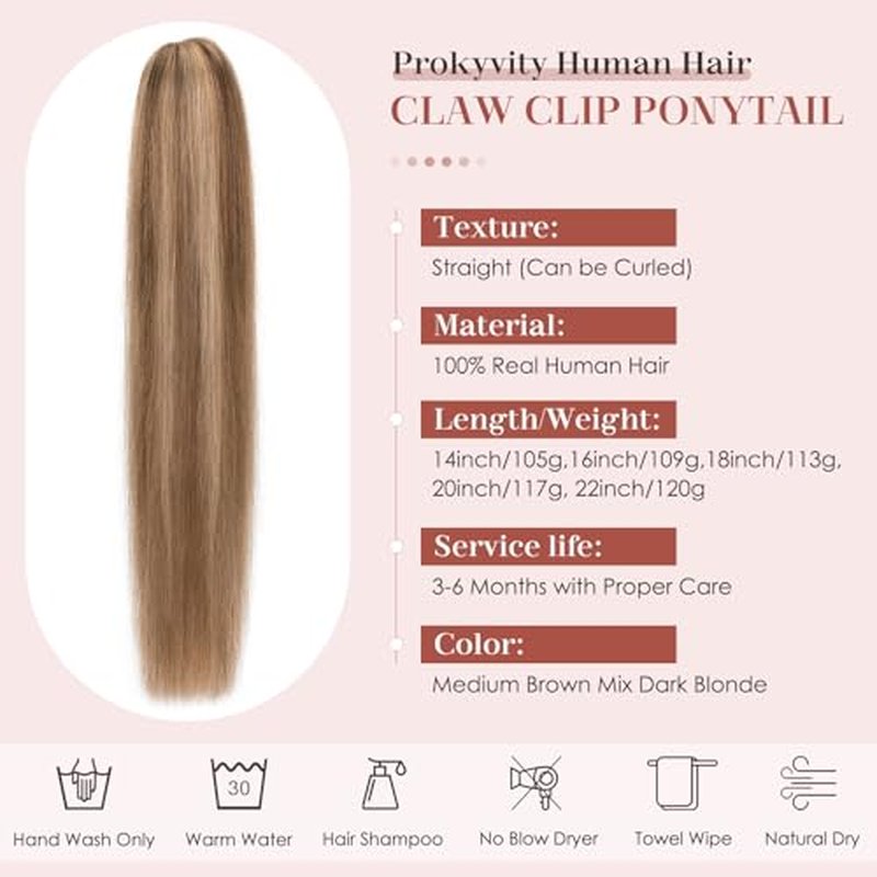 Human Hair Claw Clip Ponytail, Claw Clip Human Hair Ponytail,Effortless Application with Secure Hold,Style in Seconds,Quick Styling Solutions for Busy Lives 18"/113g Medium Brown Mix Dark Blonde