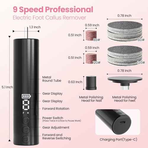 Electric Callus Remover for Feet, Electric Foot File Nail Grinder 2 in 1,Rechargeable Professional Foot Sander Pedicure Tool for Feet Dry Dead Skin with Sandpaper Disk, 9 Speed Adjustable (Black)