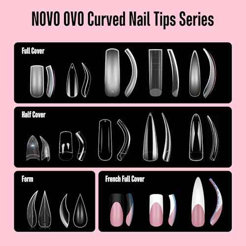 NOVO OVO Halloween XXL Curved Stiletto Almond French Tip Nail Tips Press on, BERRY PINK Full Cover Extra Thick Long XL Acrylic Hawk Curve Fake Extension Kit, Need Builder Gel, for DIY 12 Sizes 144 pcs