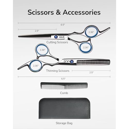 ULG Hair Cutting Scissors Thinning Shears Kit Professional Hairdressing Texturizing Salon Razor Edge Scissor Barber Kit Plus 6.5 inch Silver