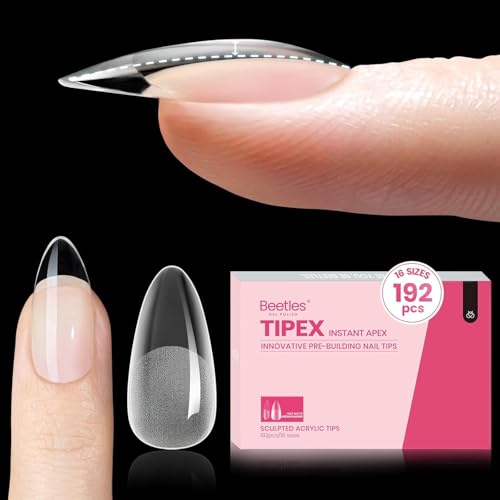 Beetles Tipex Instant Apex Nail Tips Almond Medium Acrylic Nail Tips, Pre-Etched Pre-Building Strong Thick Long Lasting,16 Sizes,192 Pieces