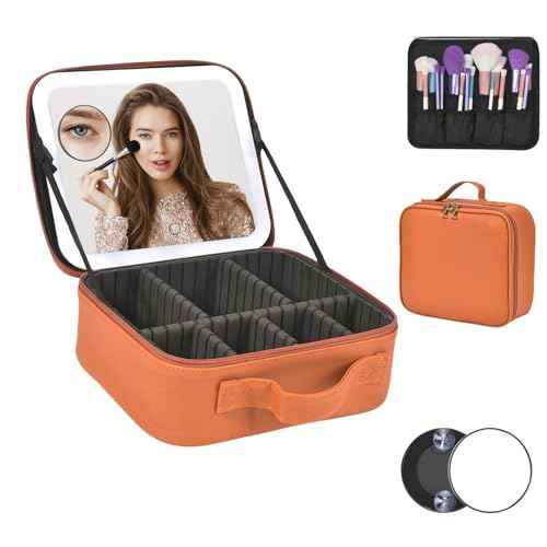 Travel Makeup Bag With LED Mirror,Cosmetic Train Case with 3 Color Setting,Cosmetic Makeup Organizer Bag with Adjustable Dividers,Portable Make up Box with Make up Brushes Holder Storage£¨Caramel£©