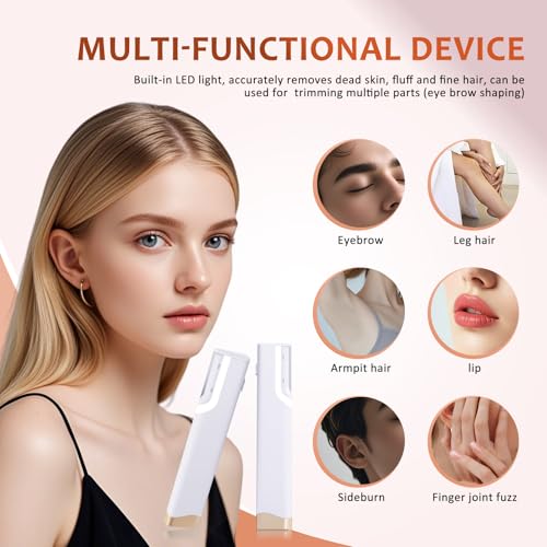 Rechargeable Sonic Smooth Dermaplane Razor for Women Face, 2 in 1 Painless Facial Exfoliation & Peach Fuzz Removal, 3-Speed Dermaplaning Tool with LED Light and 5 Refill Dermablades, White