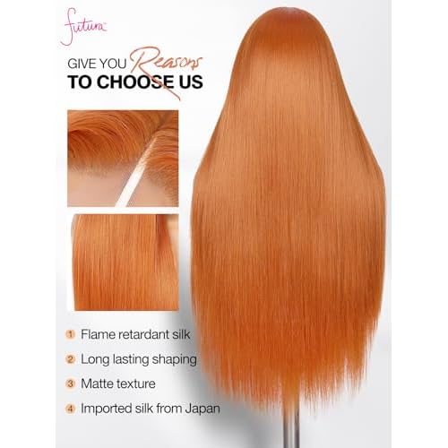 Quantum Love13x6 Lace Long Straight Orange Wigs Lace Front Synthetic Wig for Women 28Inch Wear and Go Glueless Orange Kanekalon Futura Hair Wig