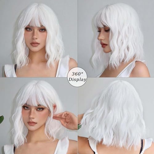 andromeda White Wavy Wig with Bangs Soft Short Bob Wigs for Women Synthetic Shoulder Length Women's Wig for Halloween Costumes Cosplay Daily (White)