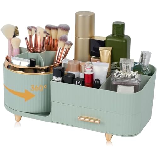 Makeup Organizer Countertop with Drawer 360 Rotating Brush Holder Storage Large Capacity Skincare Cosmetic Display Cases for Vanity Bathroom Desktop, Model 3016 Green