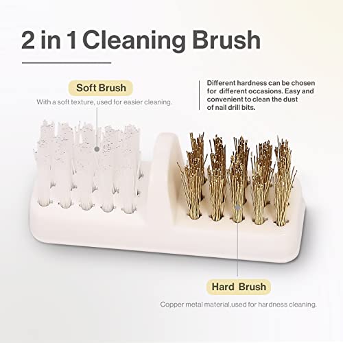 MelodySusie Nail Drill Bits Cleaner Brush Case Accessories with Clear Cover for Cleaning Tungsten Carbide Ceramic Nail Drill Bits Cuticle, Steel Wire & Nylon Double Brush - White