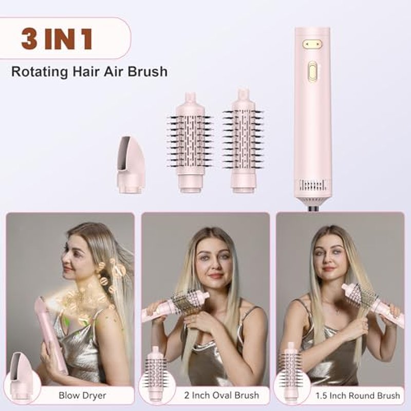 3 in 1 Rotating Hair Dryer Brush Spinning with Detachable Brush(2" & 1.5"),Negative Ionic Brush Blow Dryer 100-120V,3 Heats and 2 Speeds Rotating Hot Air Brush for Curling,Straight,Drying