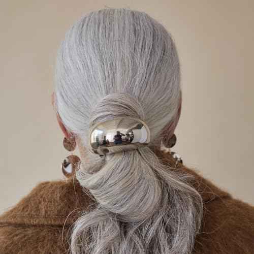 Stainless Steel Arch Hair Cuffs Hair Ties, 18K Gold Chunky Ponytail Cuff Hairties, Women Glossy Ponytail Holders Elastic Hair Bands,Geometric Gold and Silver Hair Accessories (Large Size Silver)