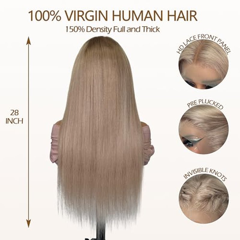 Ash Blonde Wig Human Hair 13x6 Transparent Lace Front Wigs Human Hair 180% Density Ash Blonde Straight Lace Front Wigs for Black Women Pre Plucked Colored HD Lace Frontal Wig 22 Inch