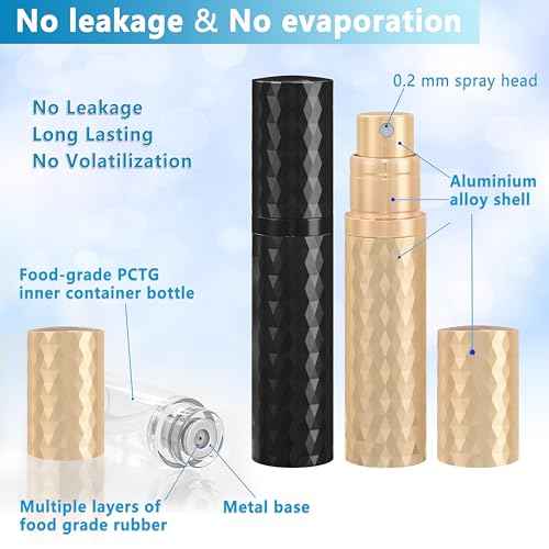 Travel Perfume Atomizer Bottle Refillable - 2-Pack 5ml Leakproof Fragrances Perfume Atomizer, Portable Perfume Sprayer, Perfume Refillable Bottle for Traveling (Black & Gold)