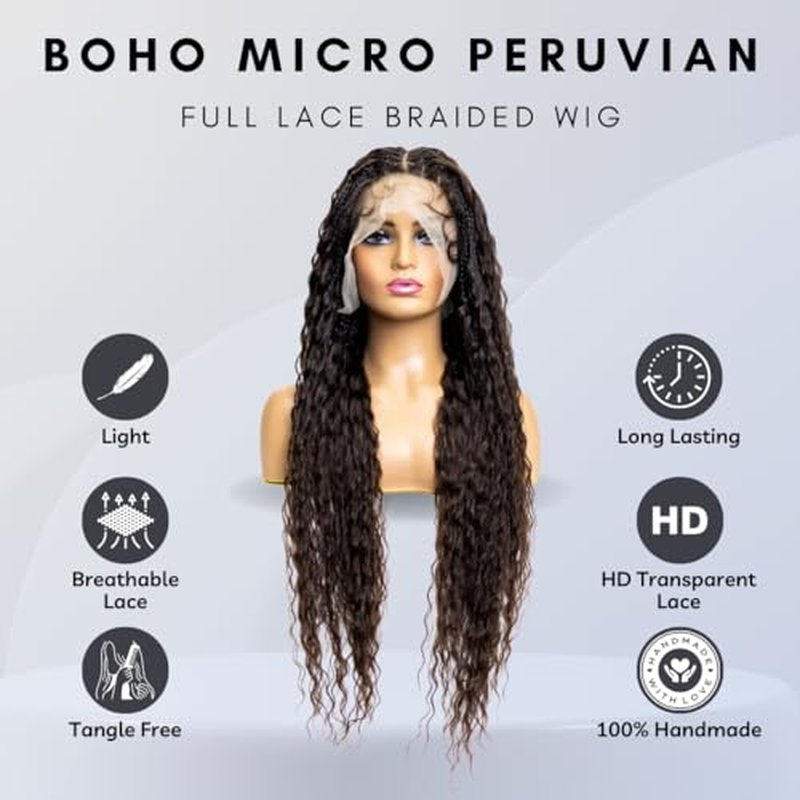 PIB Single Full Lace Braid Wig ? Micro Boho Peruvian Deep Wave Box Braided Wig, Knotless Braided Wigs for Black Women, Curly Hair Wig (#4 Medium Dark Brown, 32" Small-Medium)