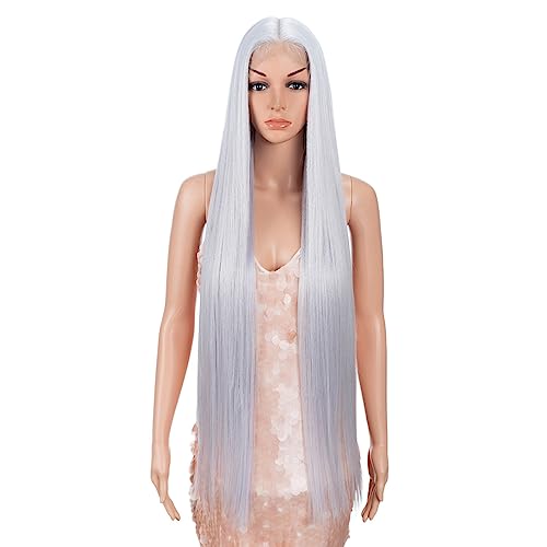 Style Icon 38" Silver Grey Wig Super Long Straight Wigs 6" Deeper Middle Part Lace Lace Front Wigs Silver Grey Long Straight Wig (38", THISTLE)