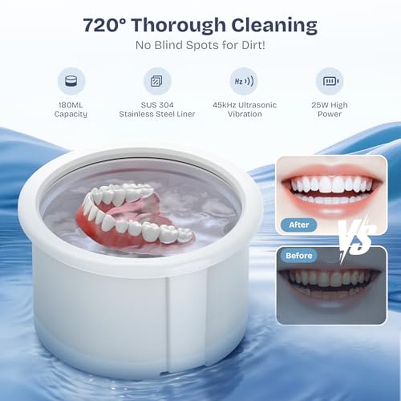 2025 Ultrasonic Retainer Cleaner- 45KHz 25W Portable Denture Cleaner with Drying Function and Removable Inner for Dentures, Mouth Guards, Aligners, Jewelry and More