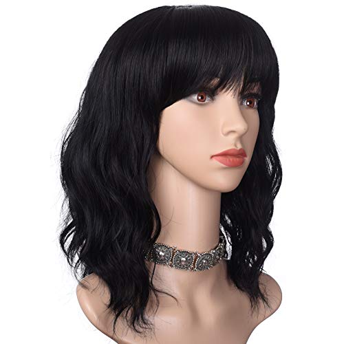 morvally Short Black Wavy Bob Wig with Bangs for Women 16 Inches Natural Synthetic Hair Wavy Wigs