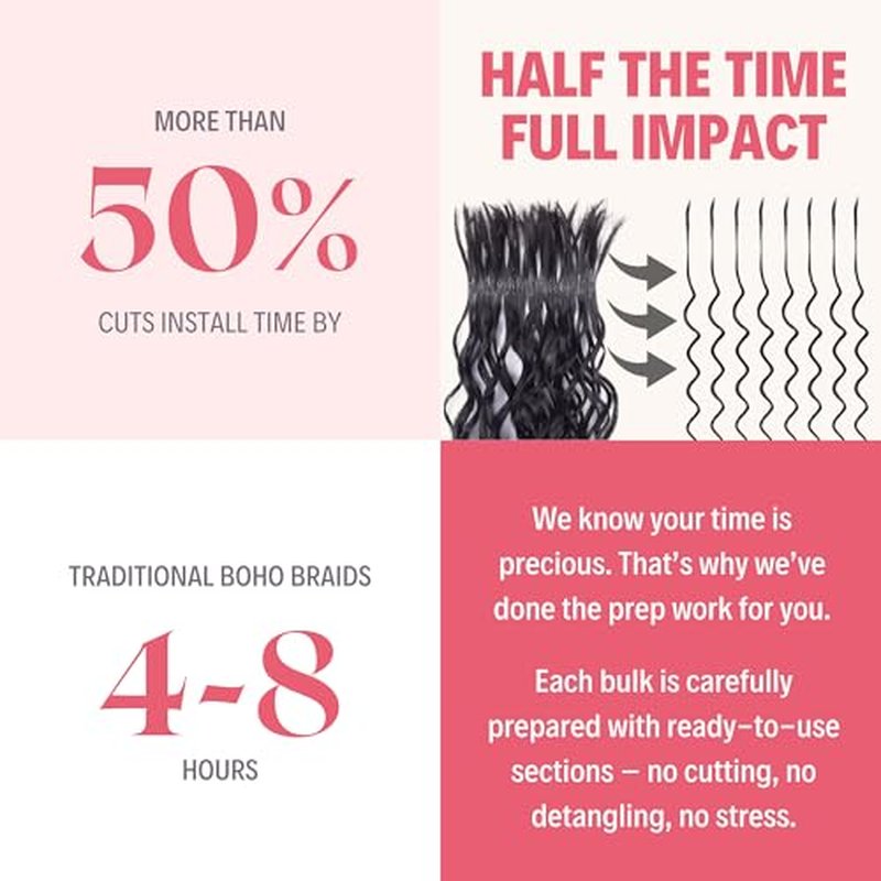 Human Braiding Hair, Pre-Divided Boho Braids Human Hair, Deep Wave Bulk Bohemian Hair Extensions for Braiding Knotless Wet and Wavy, 24 Inch, 3.5oz, Natural Color