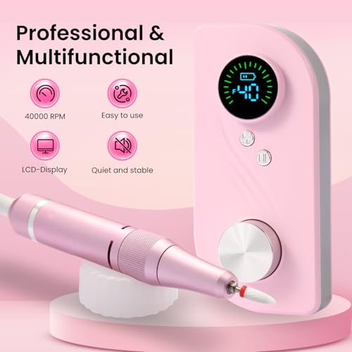 Electric Nail Drill Kit for Beginners Professional Nail Drill Machine for Home Use 40000RPM Portable Quite E-File for Acrylic Nails Polishing& Shaping&Removing with 7 Drill Bits for Home & Salon Use