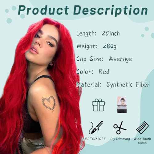 YESEGO Halloween Long Red Wigs for Women 26 Inch Curly Wavy Middle Part Body Wavy Wig Natural Looking Synthetic Heat Resistant Fiber Wig for Daily Party Cosplay Use, Red