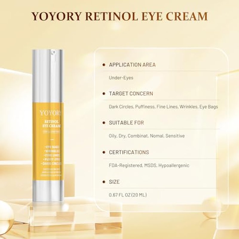 Retinol Eye Cream for Dark Circles - Rapid Under Dark Circles,Wrinkles, Eye Bags, Puffiness Remover for Women and Men, Temporary Firming & Tightening Treatment 0.66 fl oz (Golden)