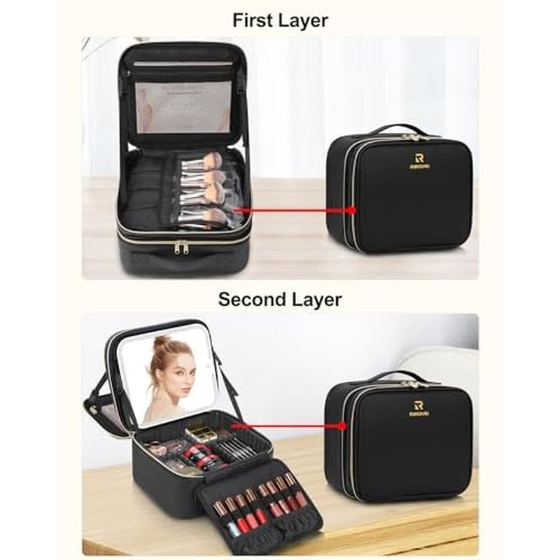 TANTO Travel Makeup Bag with LED Mirror Double Layer Makeup Case with Lighted Mirror Dual Layer Cosmetic Train Case Portable Artist Organizer Bag with Dividers and Rechargeable Vanity (Black, Small)