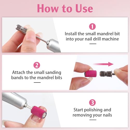 BEVTEE 200Pcs Sanding Bands for Nail Drill, 180 Grit Small Nail Sanding Bands, with 2pcs 3/32'' Nail Drill Bits, for Acrylic Nails Gel Manicures and Pedicure, Pink, Including a Dedicated Organizer