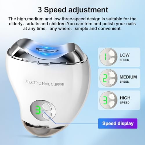 Electric Nail Clipper with LED Light & 3 Speeds, Fingernail Cutter and Polisher 2 in 1 Design, Nail Scraps Storage Rechargeable Safety Fingernail Trimmer for Baby Seniors and Adult