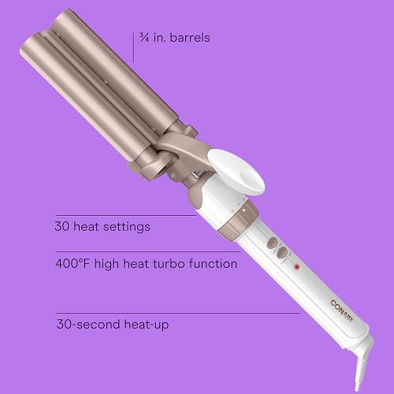 Conair Double Ceramic 3 Barrel Curling Iron, Hair Waver, Create Beachy Waves, Long-Lasting Natural Tight Waves for all Hair Lengths, White / Rose Gold