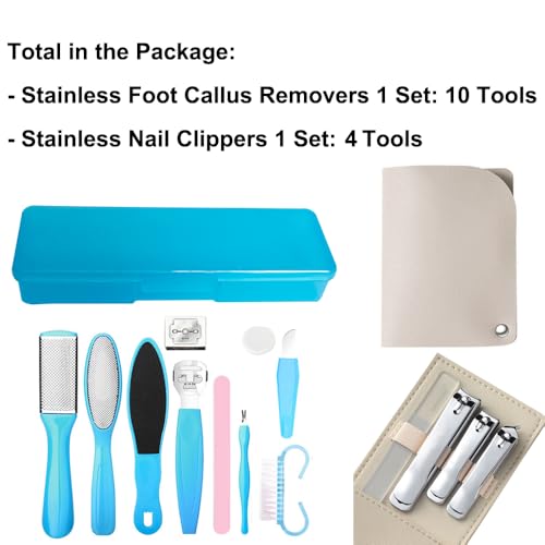 Stainless Callus Removers Set Foot File Pedicure Tools Kit for Feet Nail Clippers Set Fingernail Clipper Toenail Clipper Nail Care Tool with Travel Case for Men Women