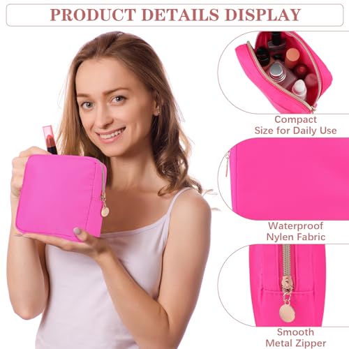 Hushee 4 Pcs Nylon Makeup Bag Preppy Zipper Pouch Waterproof Nylon Toiletry Storage Bag for Women(Mini,Black, Fuchsia, Mint, Grape)