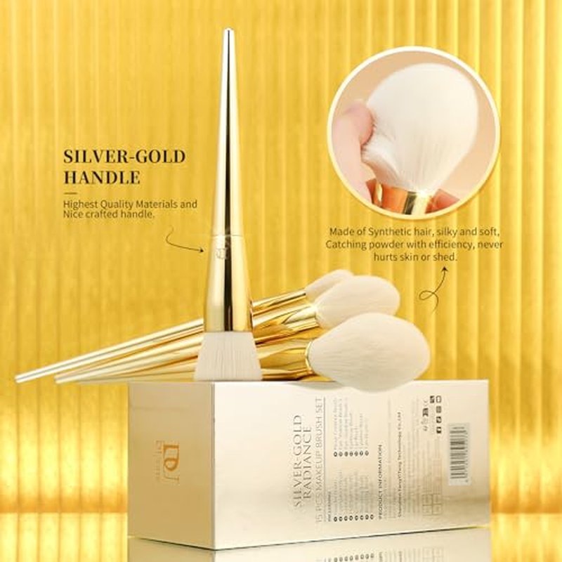 DUcare Makeup Brushes 15Pcs Makeup Brush Set with Holder Premium Synthetic Powder Foundation Contour Blush Concealer Eye Shadow Blending Liner Make Up Brush Kit gold-silver