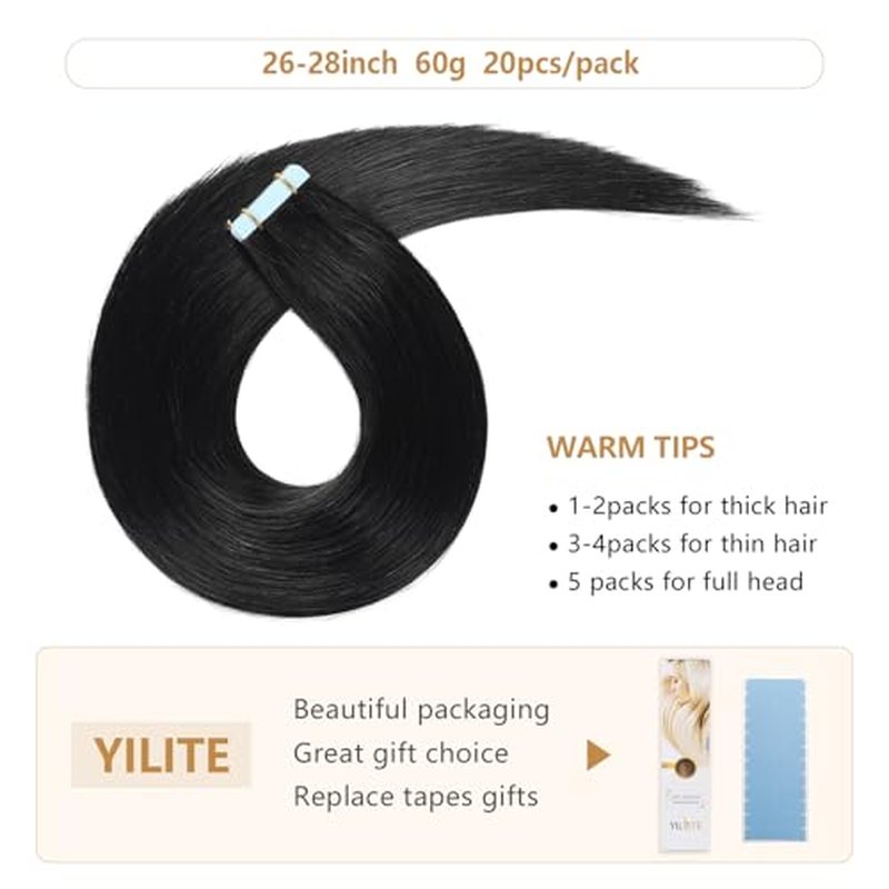 YILITE Jet Black Tape in Hair Extensions Human Hair 26inch #1 20pcs 60g/pack Straight Tape in Human Hair Extensions,Seamless Skin Weft Jet Black Tape ins (26Inch Jet Black #1)
