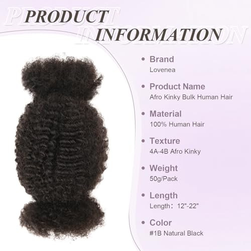 Afro Kinkys Bulk Human Hair Kinky-Curly 100% Real Human Hair for Twist, Braiding, Dreadlocks & Sister Locs, Natural Soft Pre Fluffed, Can Be Dyed Bleached (#1B Natural Black, 16 Inch)