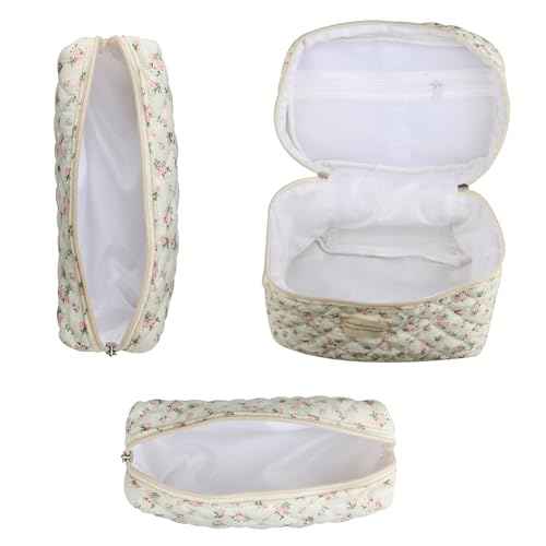 Dual Layer Cute Makeup Bag for Women(3 Pcs), Quilted Floral Coquette Aesthetic Make up Bags, Travel Cosmetic Bags Toiletry Organizer Bag(Pink Rose)