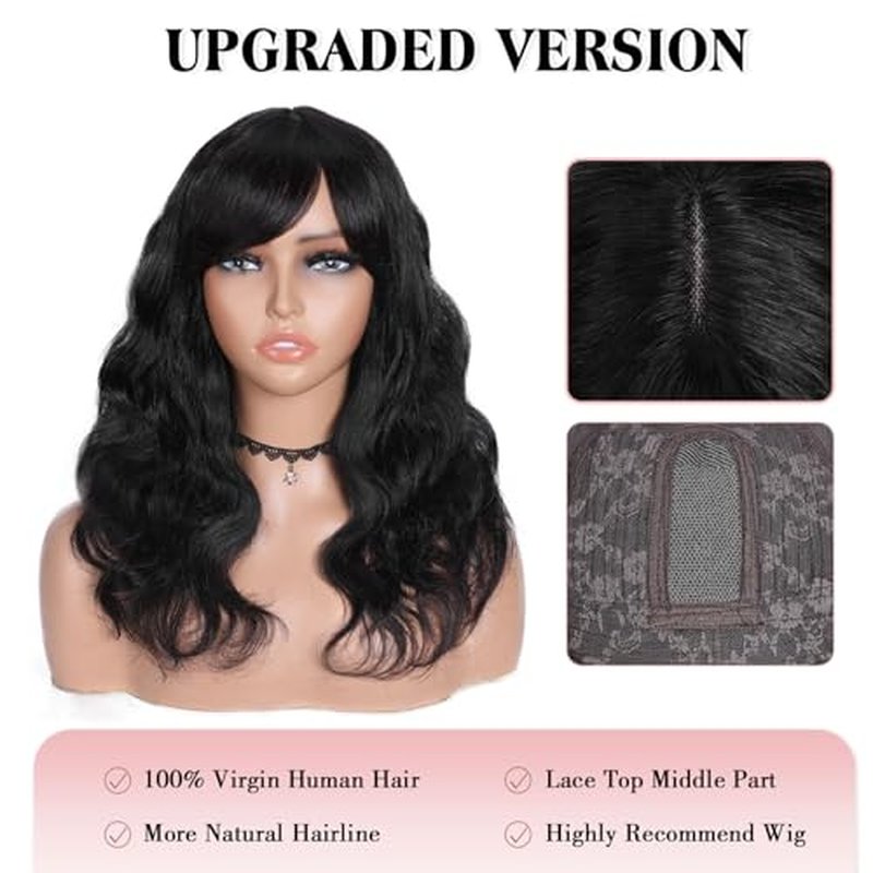 Fancy Hair Wavy Brazilian Virgin Human Hair Wigs with Bangs for Black Women Lace Middle Part Glueless Body Wave Wig With Bangs for Women Natural Black 18 inches