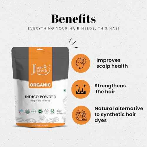 Just Jaivik 100% Organic Indigo Powder - 227 gms / 1/2 LB Pound / 08 Oz - Indigofera Tinctoria- A 100% Organic Hair Dye - Color your hair dark brown to black with Henna