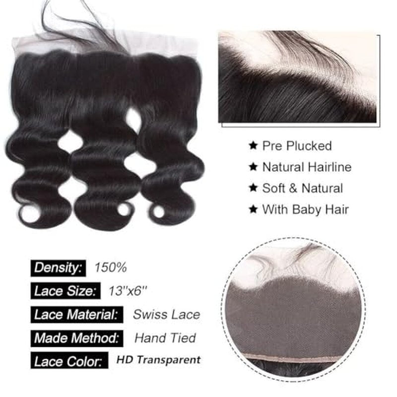 MSGEM 13x6 Lace Frontal Body Wave HD Transparent Frontal Ear to Ear 13x6 Lace Frontal Closure With Baby Hair Free Part 100% Virgin Human Hair Closure Natural Hairline 150% Density 22inch