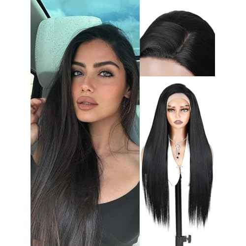 WIGER 28 Inch Straight Lace Front Wigs Long Nature Black Synthetic Heat Resistant Cosplay Wig For Women Pre Plucked Glueless Wig for Halloween Costume Girl Party Hair