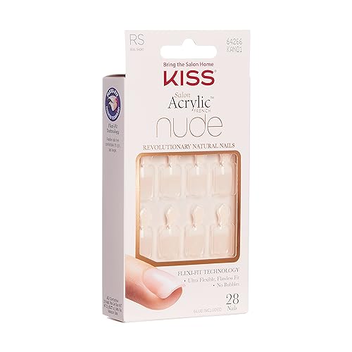KISS Salon Acrylic Nude French Tip Press On Nails Short, ¡®Breathtaking¡¯, Beige, Squoval, Includes 28 Fake Nails, Nail Glue 2g, 1 Manicure Stick, 1 Mini File