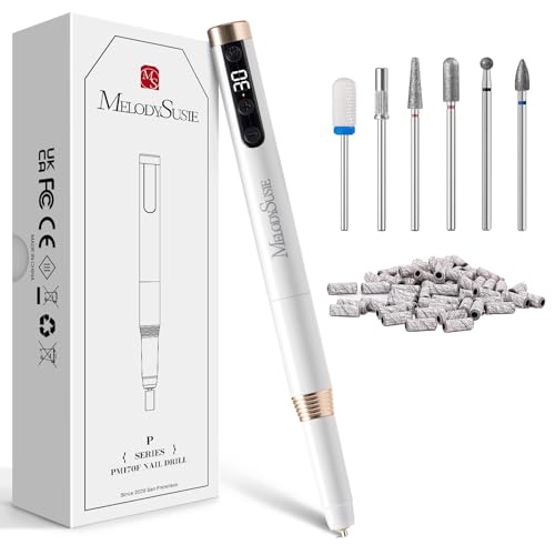 MelodySusie Manicure Cordless Nail Drill PM170F White, 30,000RPM Ultra Fine Portable Electric Nail File, Low Noise & Low Vibration, Coreless Motor with Bits & Ultra Fine Sanding Bands for Beginners